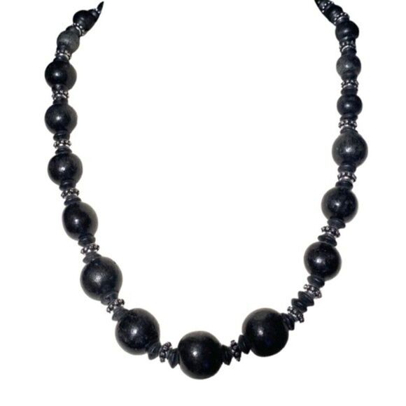 0400 Vintage Fashion Necklace Black Wooden Beads With Rhinestones - Picture 2 of 6